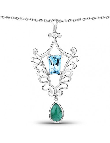 9.23 Carat Genuine Emerald and Swiss Blue Topaz .925 Sterling Silver Pendant acheter