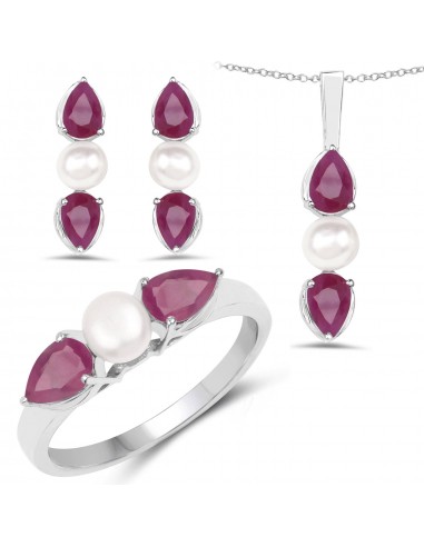 5.80 Carat Genuine Ruby and Pearl .925 Sterling Silver 3 Piece Jewelry Set (Ring, Earrings, and Pendant w/ Chain) store