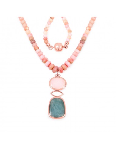 14K Rose Gold Plated 92.39 Carat Genuine Milky Aquamarine & Pink Opal .925 Sterling Silver Necklace soldes