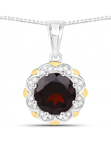 2.32 Carat Genuine Garnet and White Diamond 14K Yellow Gold with .925 Sterling Silver Pendant français