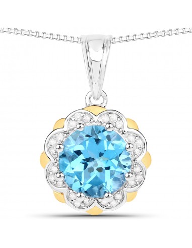 2.32 Carat Genuine Swiss Blue Topaz and White Diamond 14K Yellow Gold with .925 Sterling Silver Pendant pas cher 