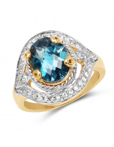 14K Yellow Gold Plated 3.40 Carat Genuine Blue Topaz and White Topaz .925 Sterling Silver Ring acheter