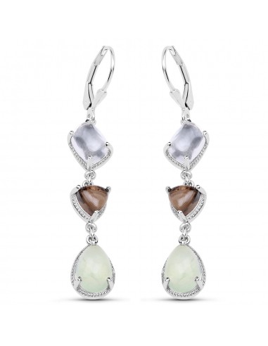 9.56 Carat Genuine Crystal Quartz, Smoky Quartz and Prehnite .925 Sterling Silver Earrings pas cher 