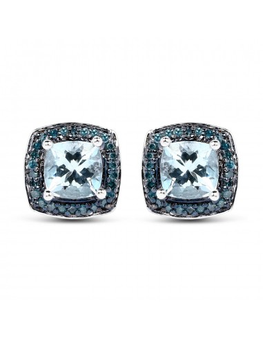 1.16 Carat Genuine Aquamarine and Blue Diamond .925 Sterling Silver Earrings meilleur choix